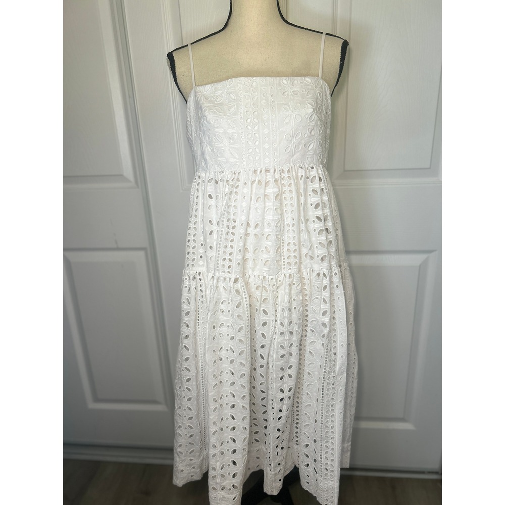 J.Crew Eyelet Tiered Midi Dress 10 White Square Neck Adjustable Straps AY627